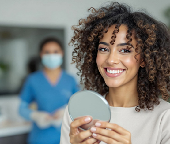 Woman smiling while holding small mirror